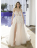 Ivory Lace Tulle Slit Sexy Wedding Dress With Detachable Straps